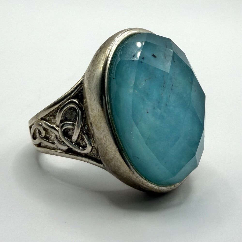 Vintage 925 Sterling Silver Faceted Turquoise Doublet Statement Ring Size 7